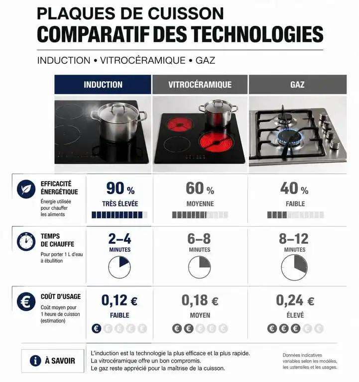 Comparatif des technologies de plaques de cuisson : induction, vitrocéramique et gaz pour bien choisir sa plaque de cuisson