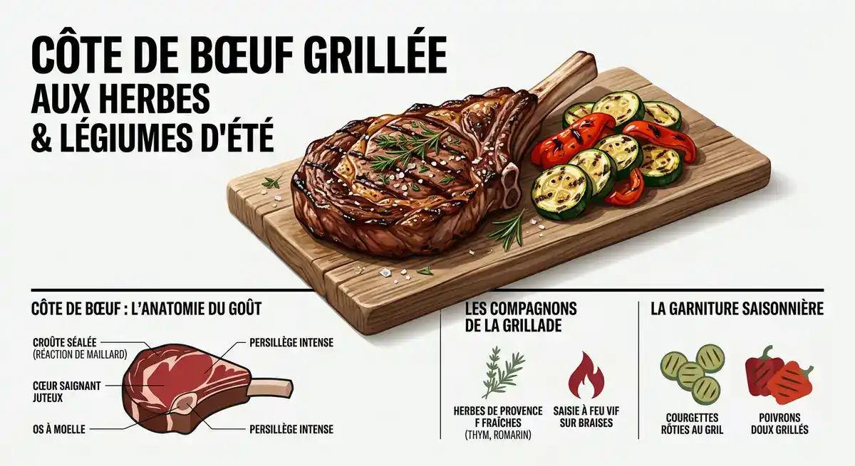 Côte de bœuf au romarin et légumes d'été grillés sur une planche en bois