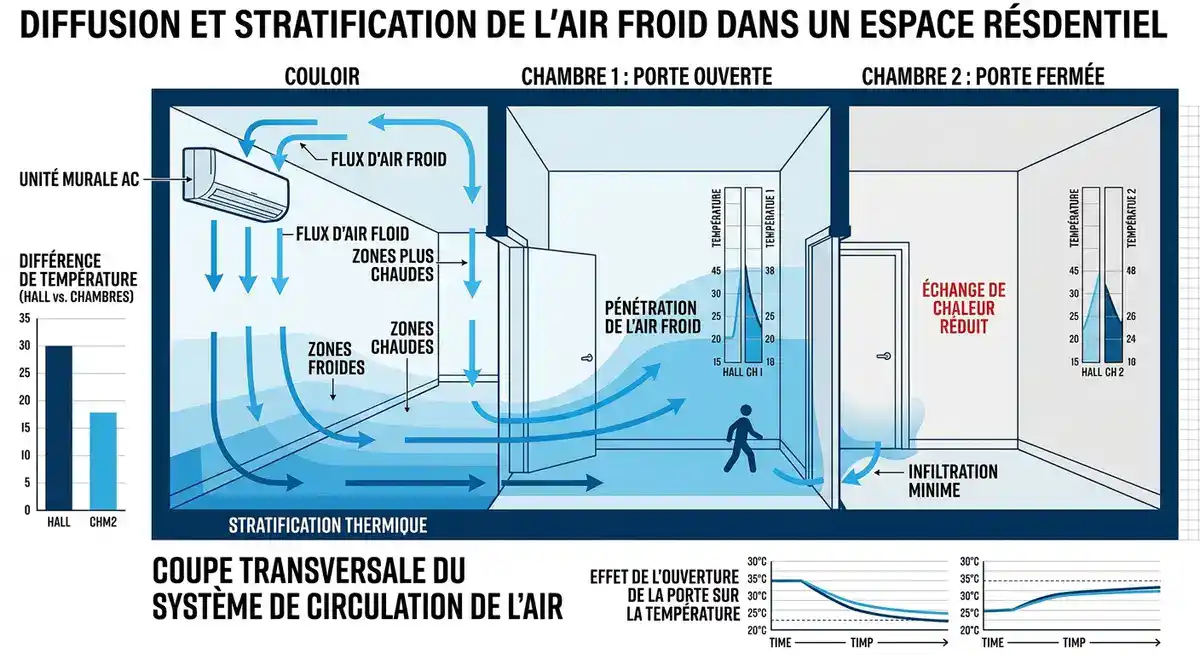 Schéma illustrant la diffusion de l'air froid d'une climatisation de couloir vers les chambres adjacentes.