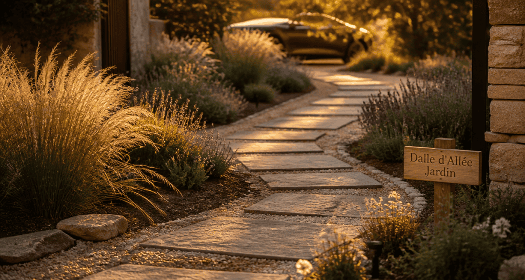 dalle allee de jardin en pierre naturelle et beton