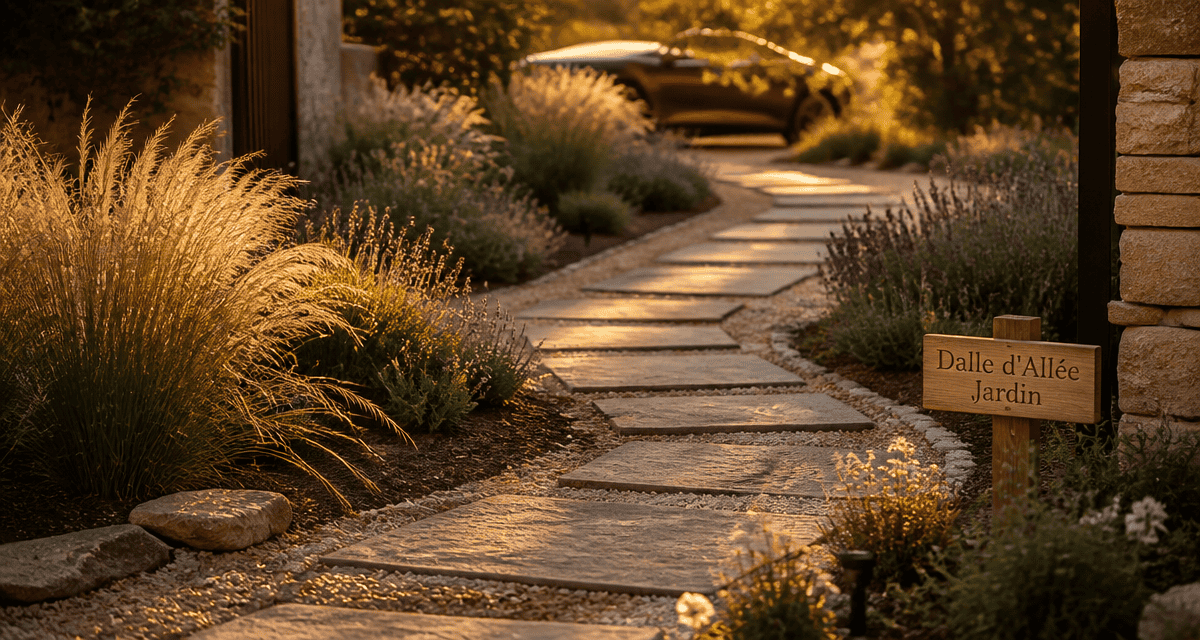 dalle allee de jardin en pierre naturelle et beton