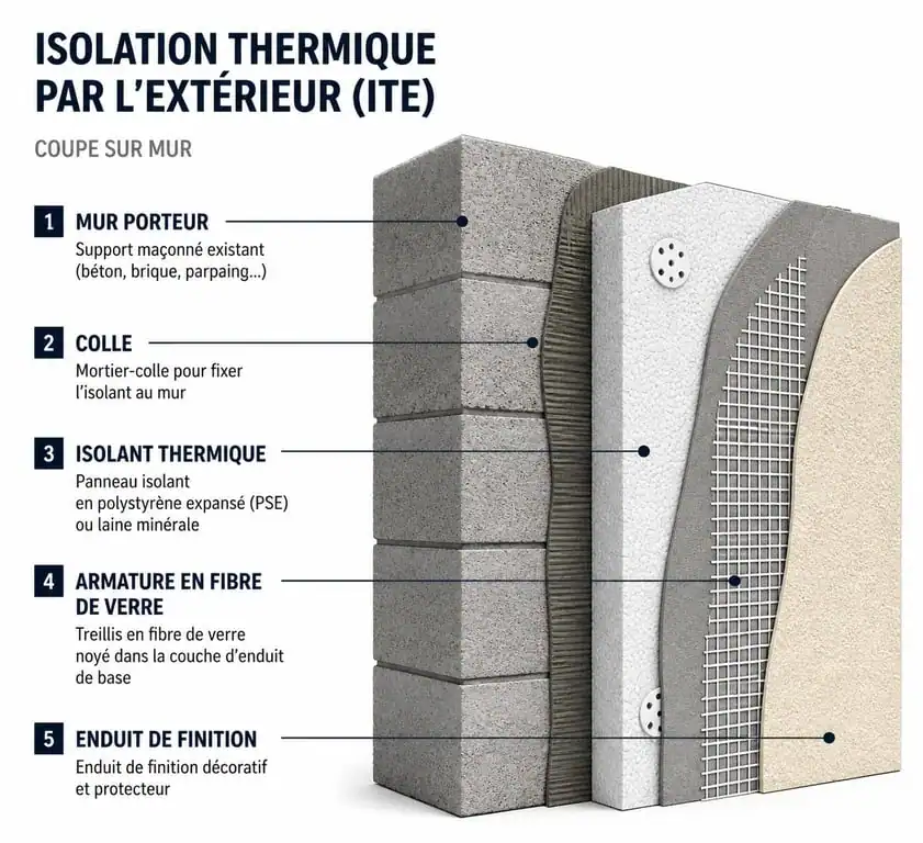 Schéma technique des couches d'une isolation thermique par l'extérieur (ITE) lors d'un ravalement de façade