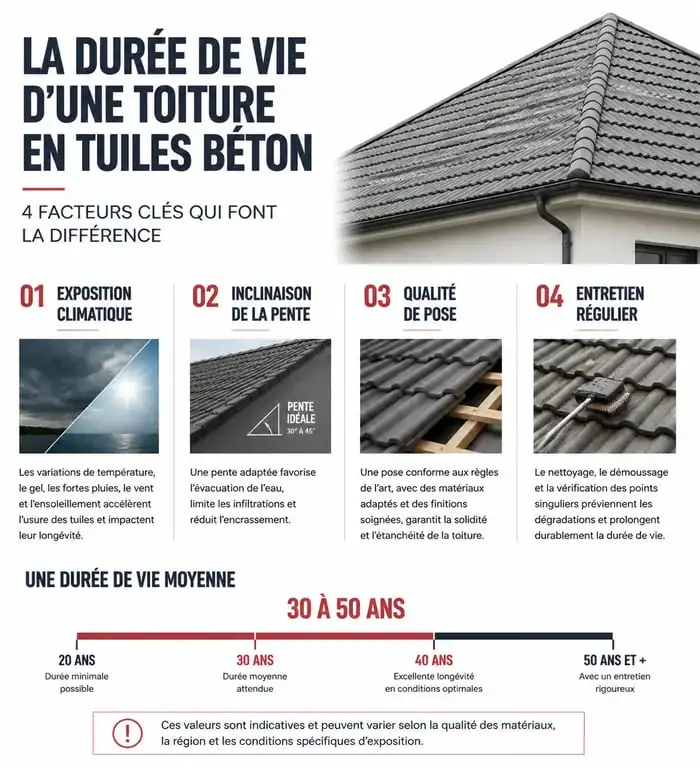 Infographie des facteurs influençant la durée de vie d'une toiture en tuiles béton