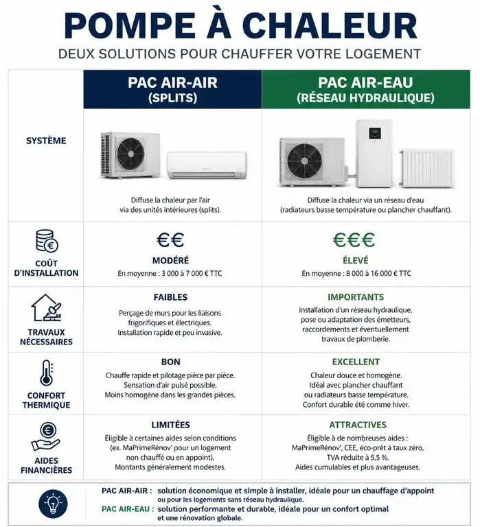 Comparatif des solutions de pompe à chaleur pour une installation avec radiateurs électriques : PAC air-air vs PAC air-eau.