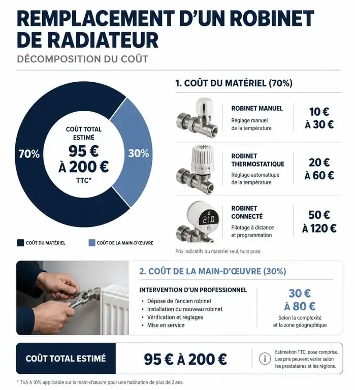Infographie des coûts moyens pour le remplacement d'un robinet de radiateur par un plombier