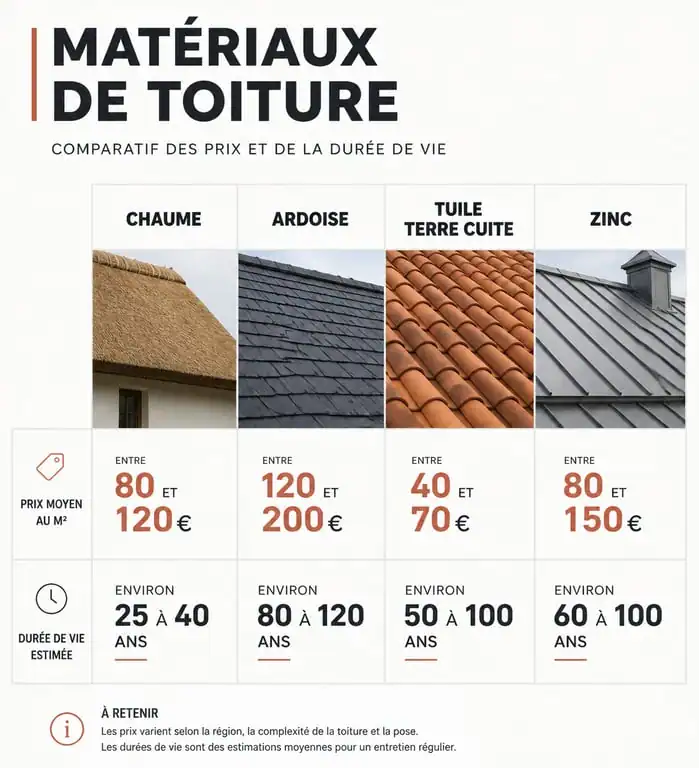 Comparatif des prix et durée de vie des toitures : chaume, ardoise, tuile et zinc