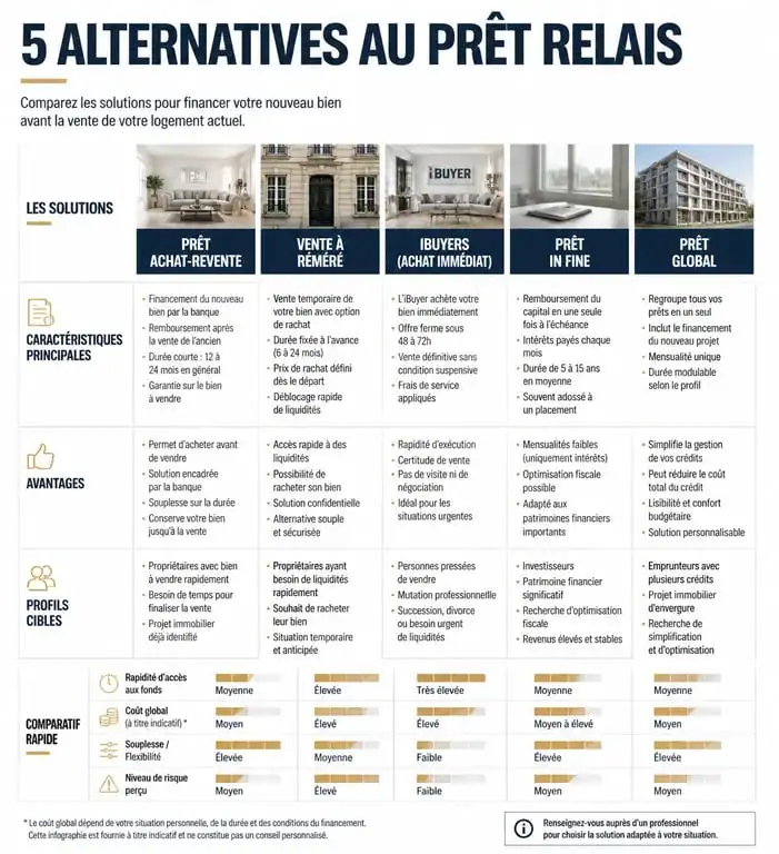 Infographie comparative des alternatives au prêt relais pour le financement immobilier