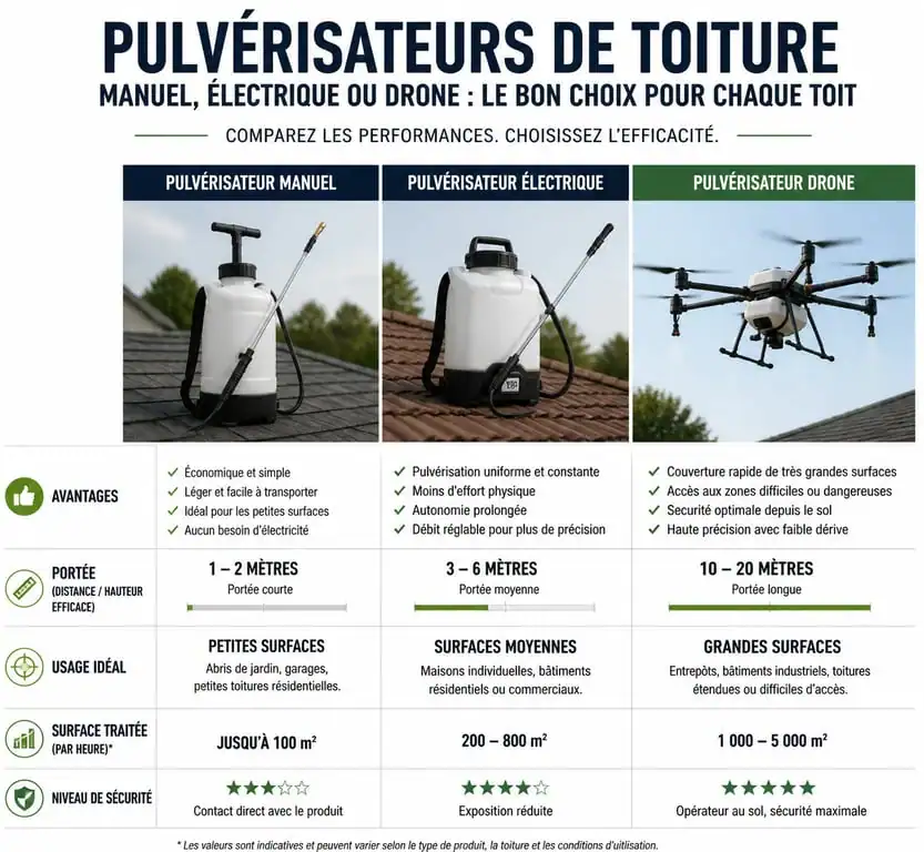 Comparatif des pulvérisateurs de toiture : manuel, électrique et drone pour l'entretien et la pulvérisation toiture
