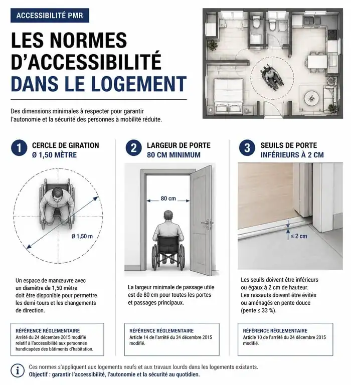Infographie des normes d'accessibilité PMR pour la location d'un logement à une personne handicapée