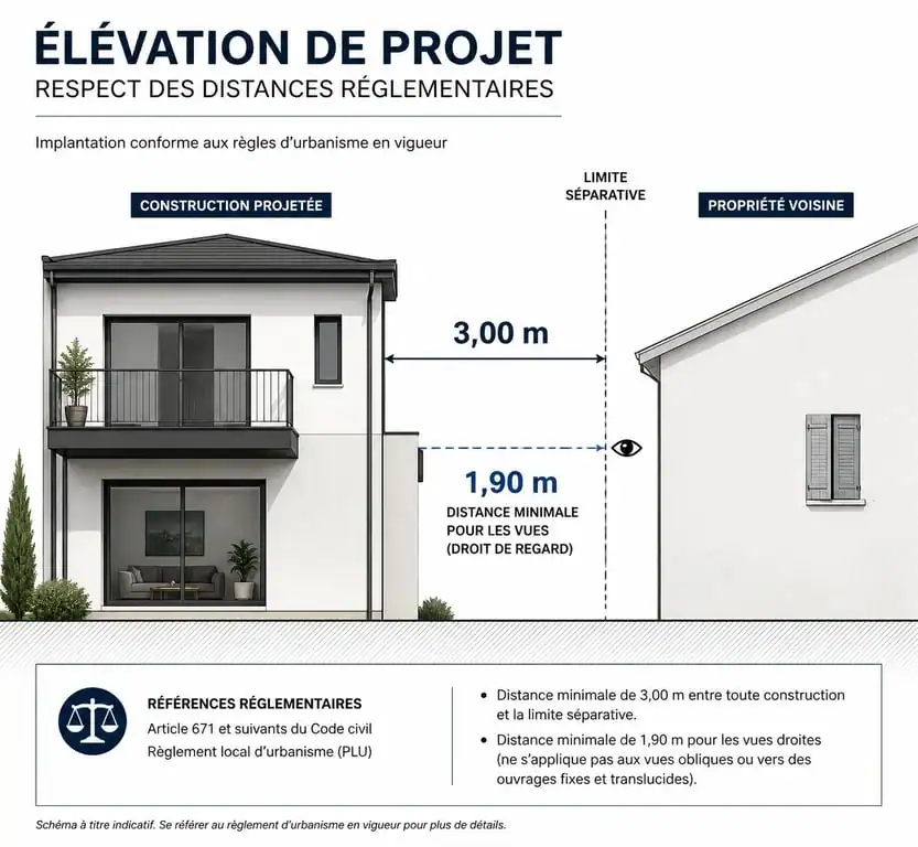 Schéma des distances légales pour une surélévation de maison et voisinage