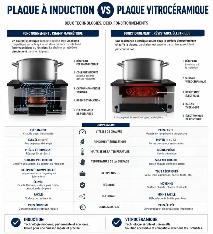 Infographie comparative pour savoir comment reconnaître une plaque induction et vitrocéramique