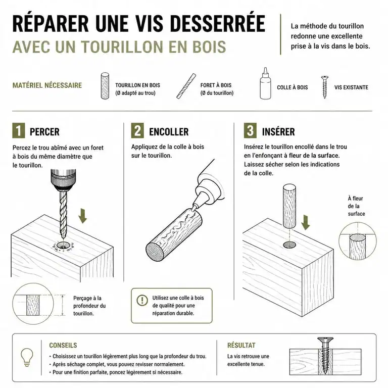 Schéma explicatif de la réparation d'une vis qui tourne dans le vide avec un tourillon en bois