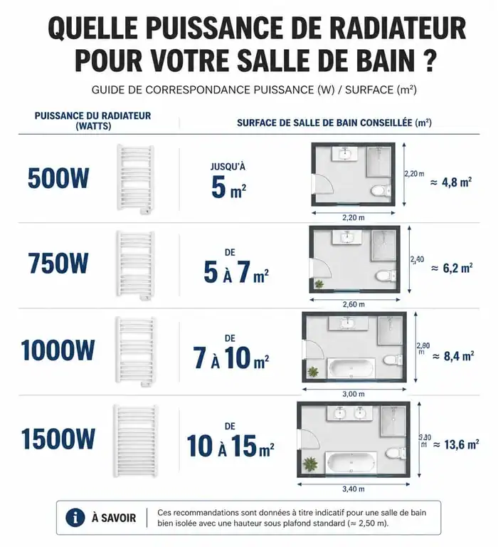 Infographie : quelle puissance de radiateur pour quelle surface de salle de bain