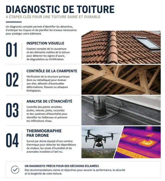 Infographie des étapes d'un diagnostic de toiture complet