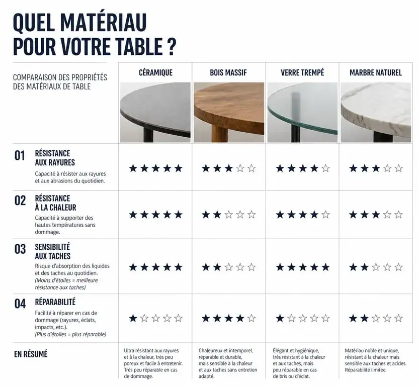 Comparatif des matériaux de table : céramique, bois, verre et marbre selon leur résistance et entretien