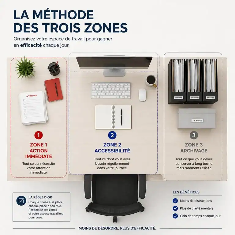 Infographie de la méthode des trois zones pour organiser un bureau efficacement