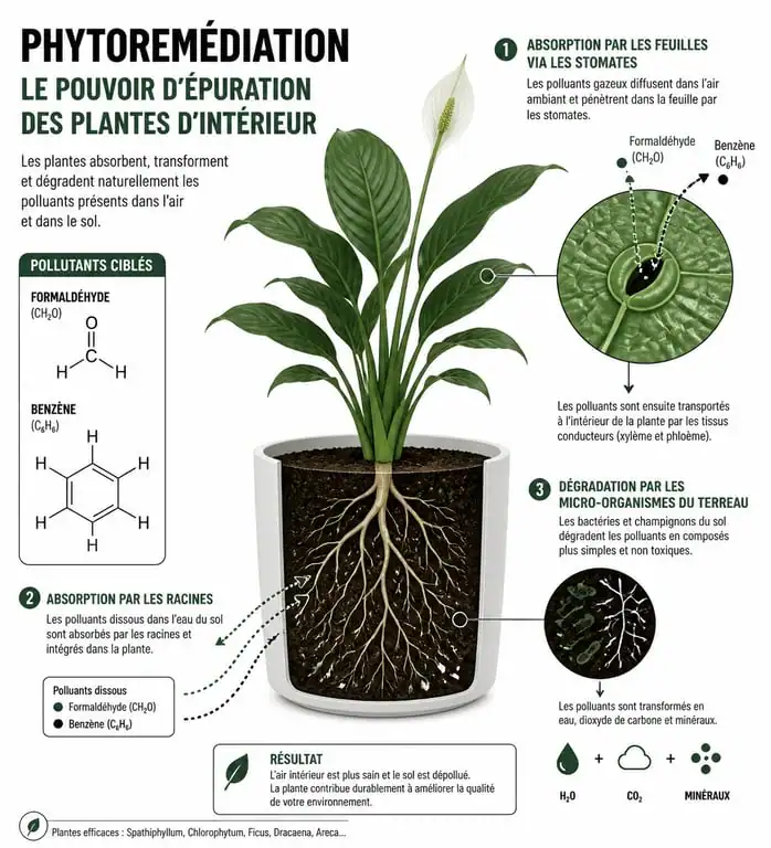 Schéma explicatif du fonctionnement des plantes dépolluantes et de la phytoremédiation