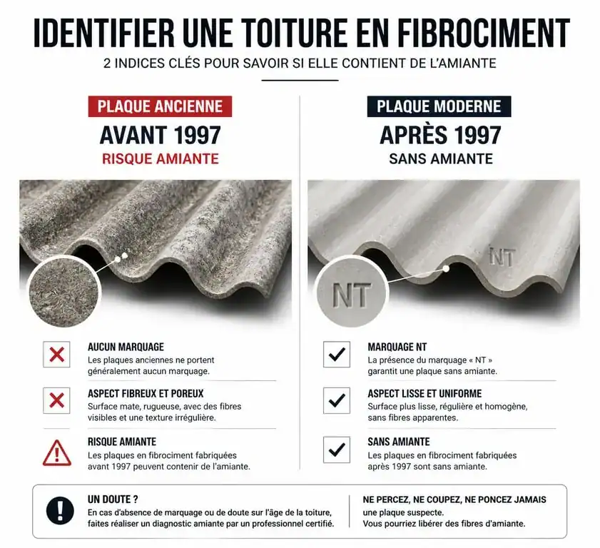 Infographie comparative pour identifier une toiture éverite avec ou sans amiante selon la date et le marquage NT