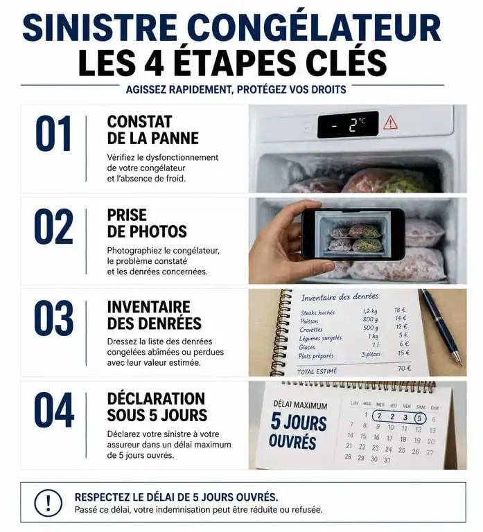 Infographie des étapes de déclaration d'un sinistre congélateur suite à une panne de courant