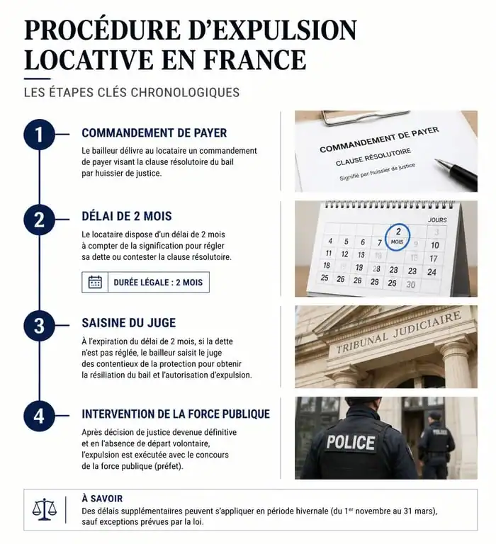 Infographie des étapes de la procédure d'expulsion locative en France selon la nouvelle loi