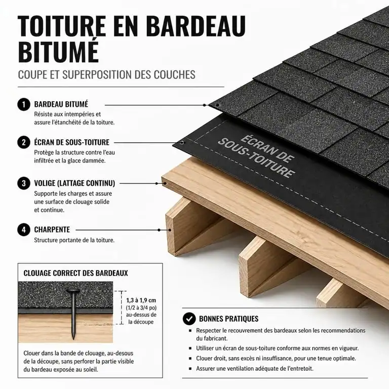 Schéma de pose de bardeau bitumé sur toiture