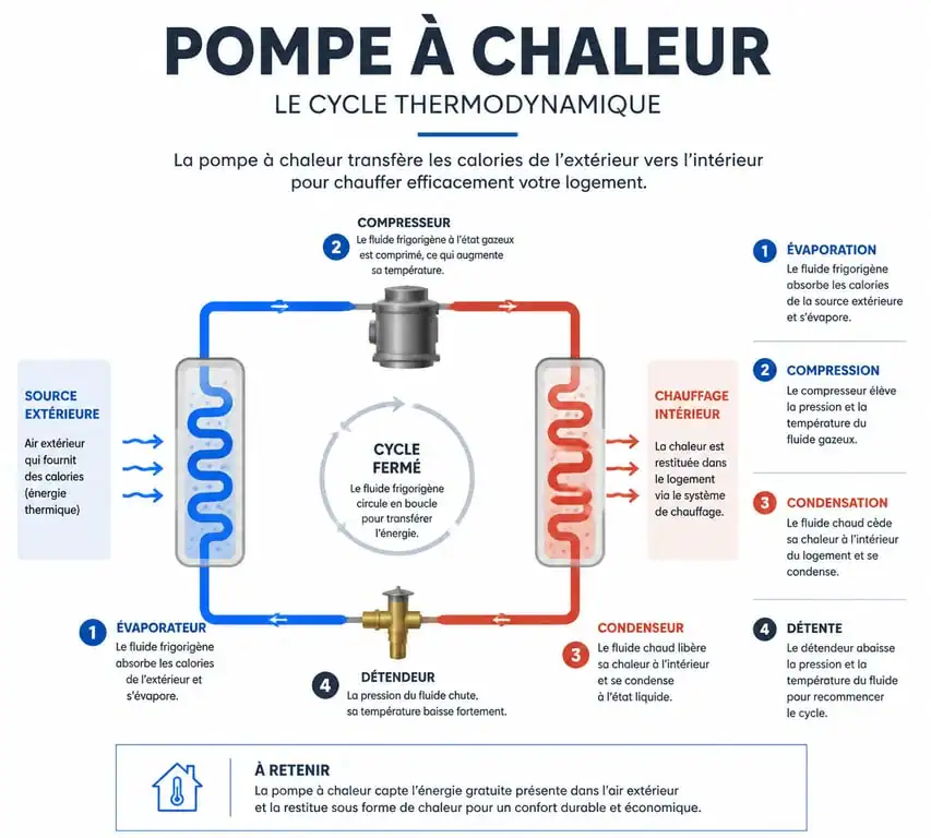 Schéma simplifié du fonctionnement d'une pompe à chaleur et de son cycle thermodynamique