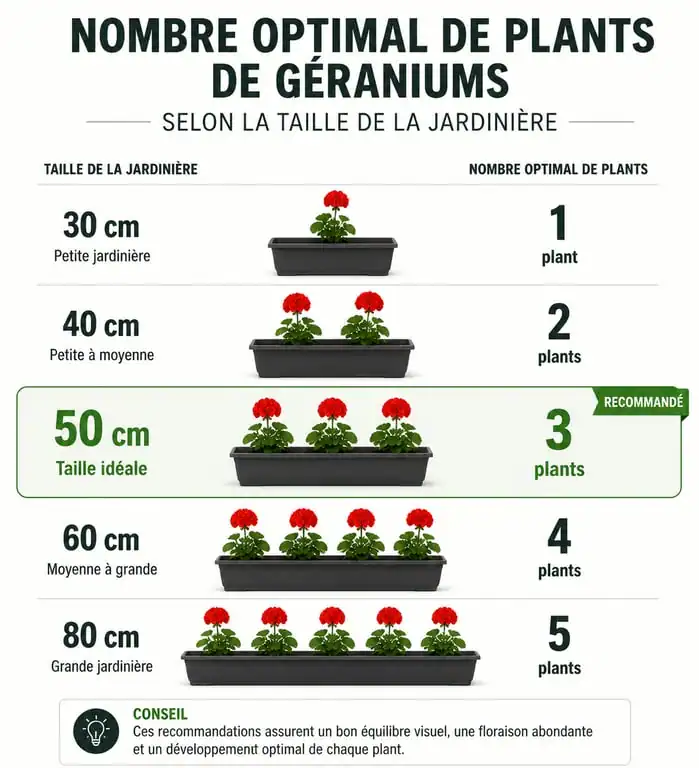 Infographie : nombre de plants de géranium par jardinière de 50 cm et espacement conseillé