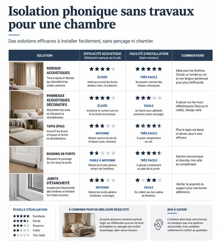Infographie comparative des solutions d'isolation phonique mur chambre sans travaux