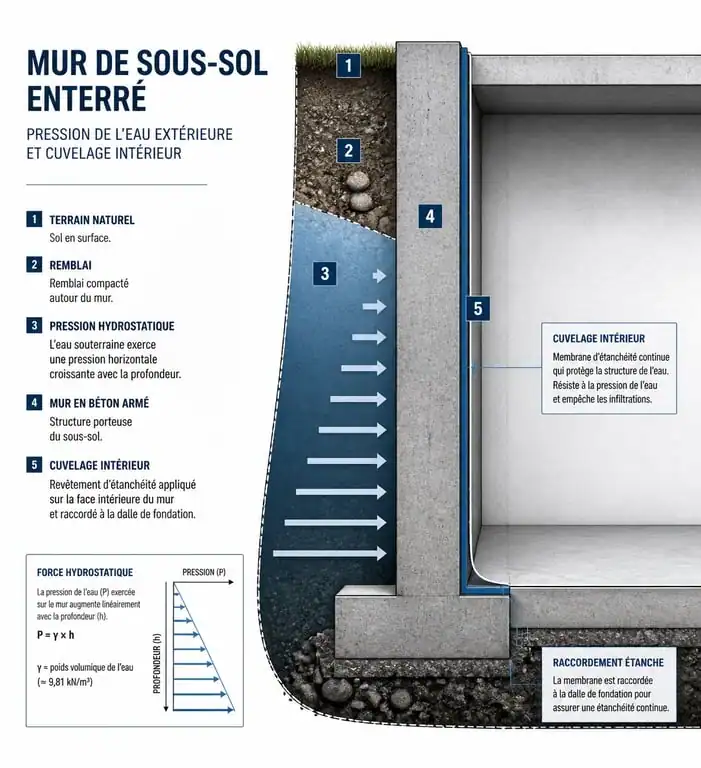 Schéma technique du cuvelage de mur en contre-pression