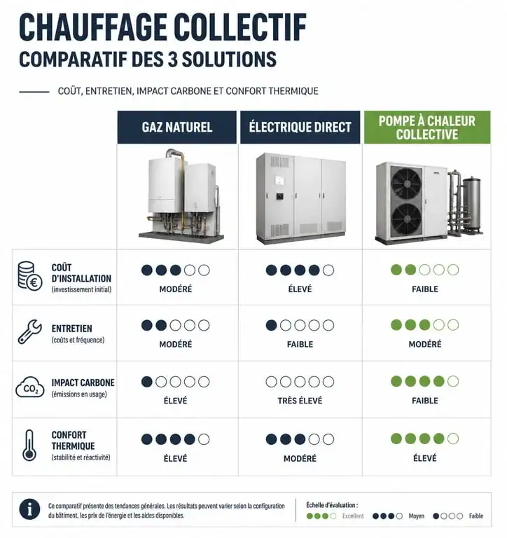 Comparatif des systèmes de chauffage électrique collectif, gaz et pompe à chaleur pour copropriété