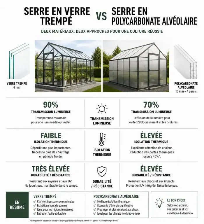 Comparatif technique serre polycarbonate ou verre : transmission lumineuse, isolation et durabilité