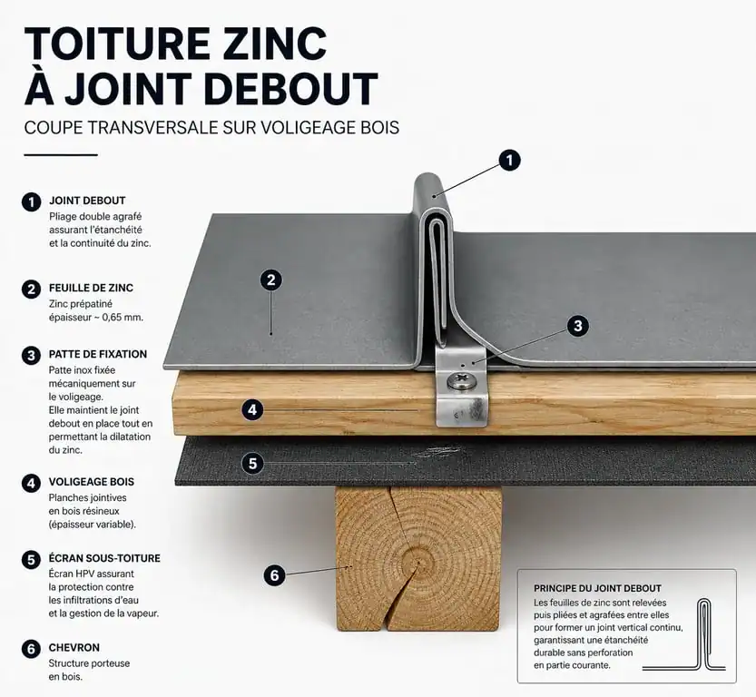 Schéma technique d'une toiture en zinc à joint debout