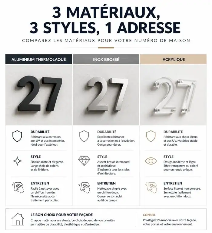 Comparatif des matériaux pour numéro de maison design : aluminium, inox et acrylique