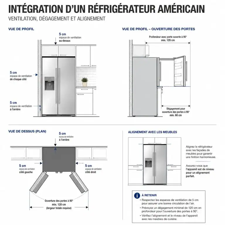 Schéma technique d'intégration d'un frigo américain dans une cuisine avec espaces de ventilation