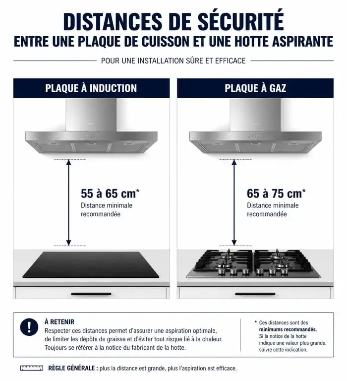 Infographie des hauteurs de sécurité pour l'installation d'une hotte de cuisine au-dessus d'une plaque de cuisson
