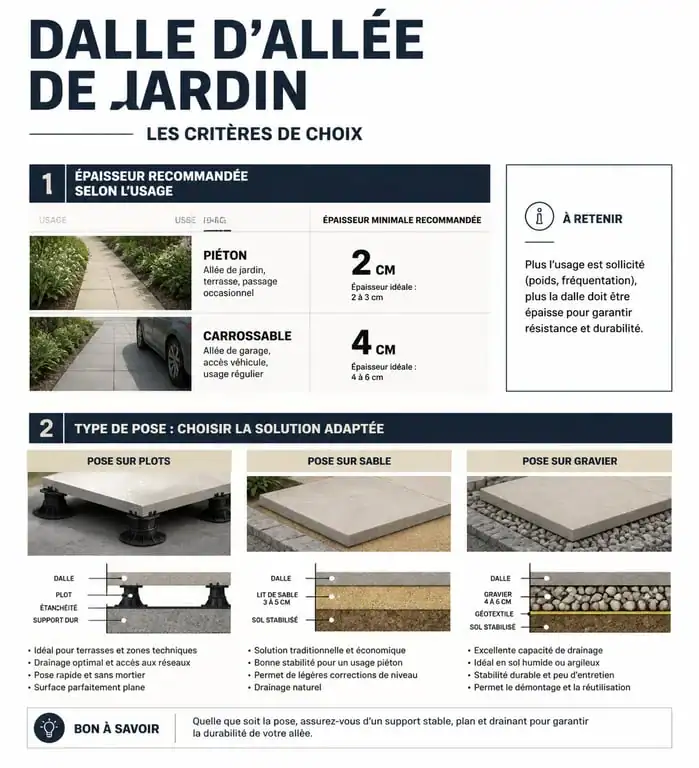 Infographie récapitulative des critères de choix pour une dalle d'allée de jardin : épaisseur et usage