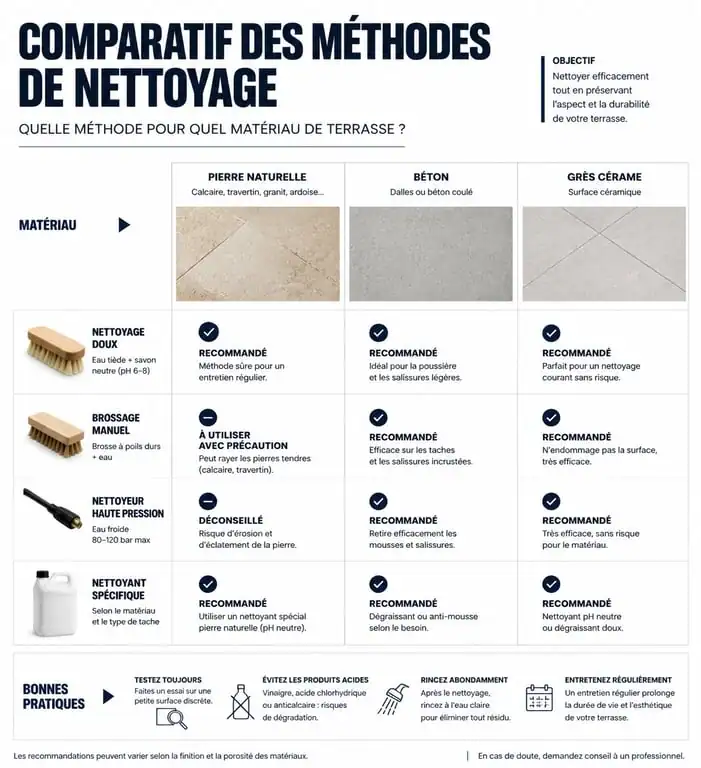Infographie des méthodes de nettoyage pour dalles de terrasse en pierre, béton et grès cérame