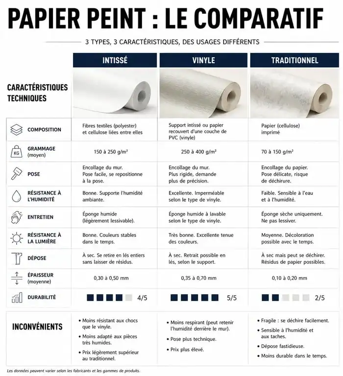 Tableau comparatif des inconvénients du papier peint intissé, vinyle et traditionnel