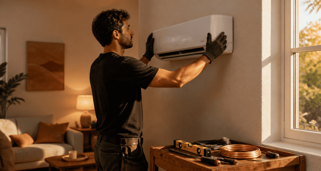 installation climatiseur split par technicien en intérieur