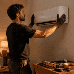 installation climatiseur split par technicien en intérieur