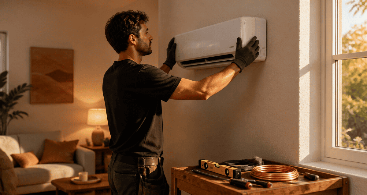 installation climatiseur split par technicien en intérieur