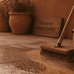 nettoyer dalle de terrasse avec balai brosse et savon noir