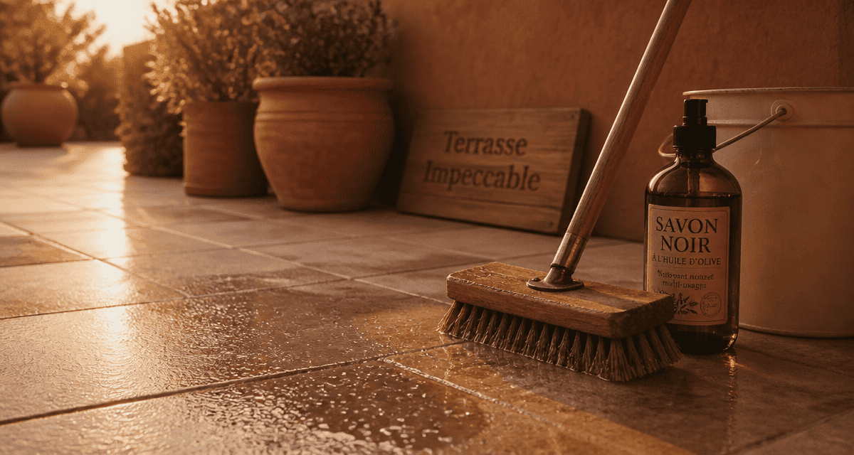 nettoyer dalle de terrasse avec balai brosse et savon noir