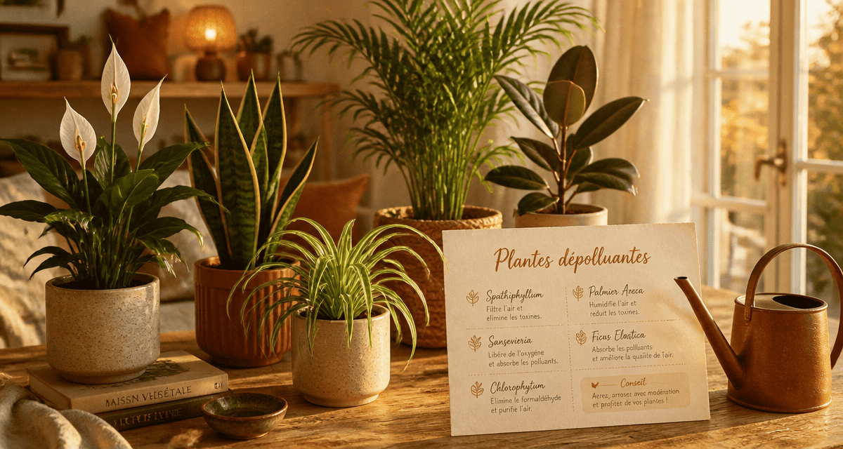 plantes d'interieur depolluante sur table en bois