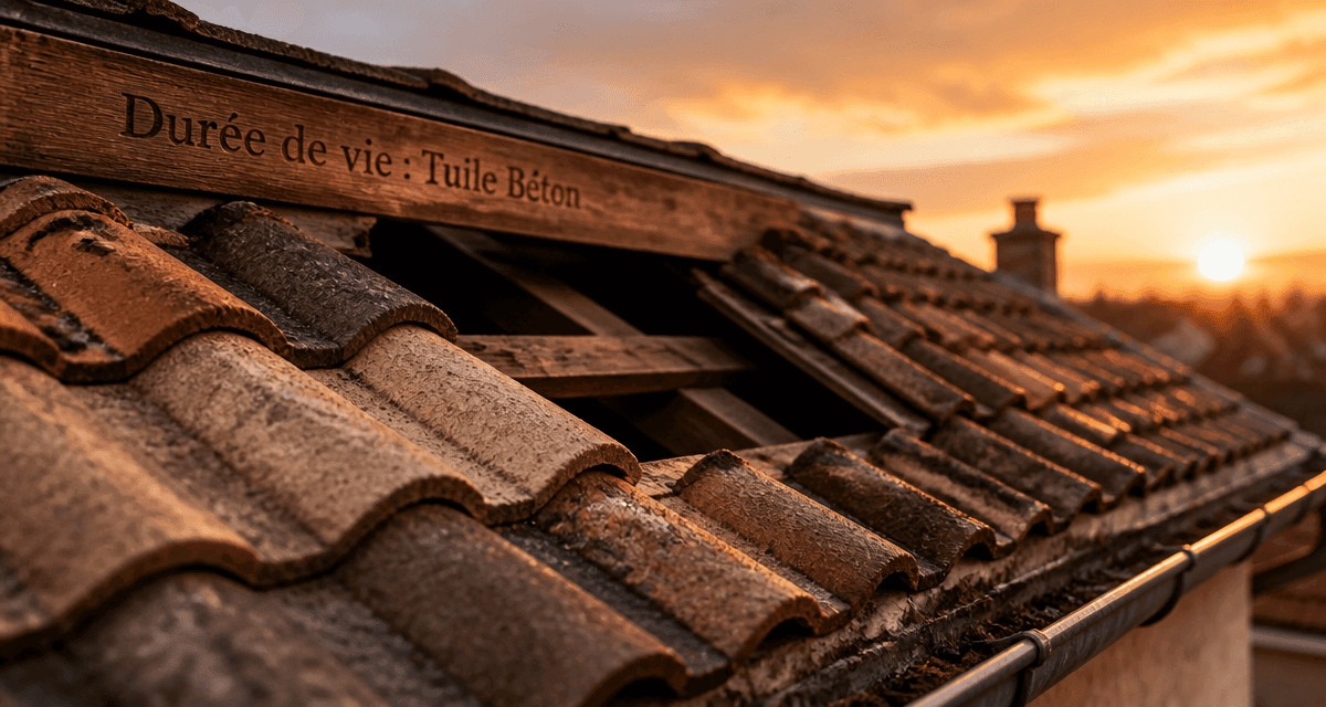 Tuile béton durée de vie sur toit en pente crépuscule