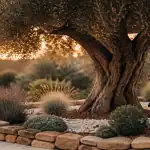 amenagement olivier jardin avec galets lavandes et muret