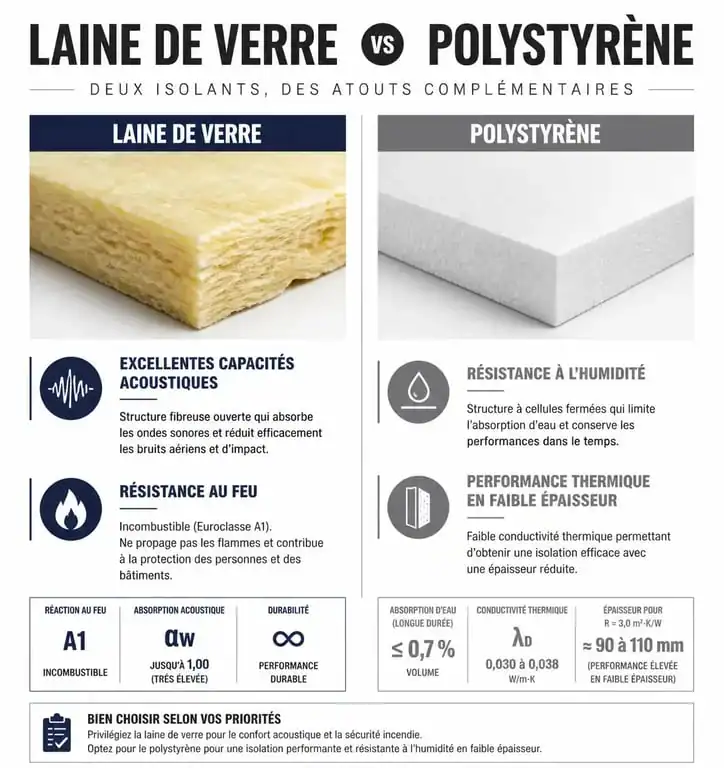 Comparatif isolation laine de verre ou polystyrène : propriétés thermiques, acoustiques et résistance au feu