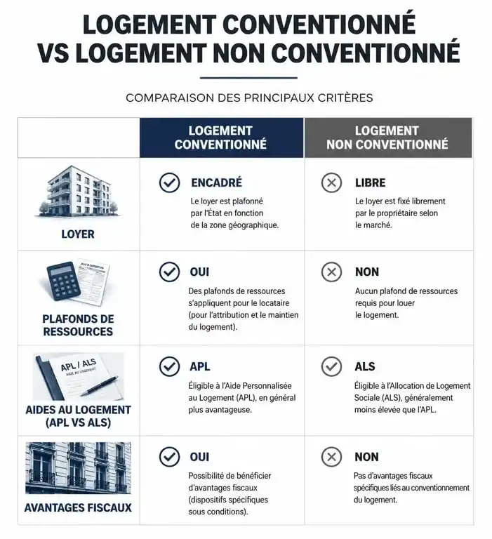 Comparatif des différences entre un logement conventionné et un logement non conventionné pour les locataires et propriétaires