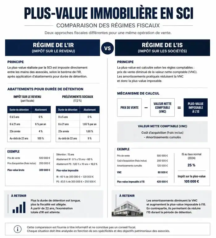 Comparatif des régimes fiscaux pour le calcul de la plus-value immobilière en SCI à l'IR et à l'IS