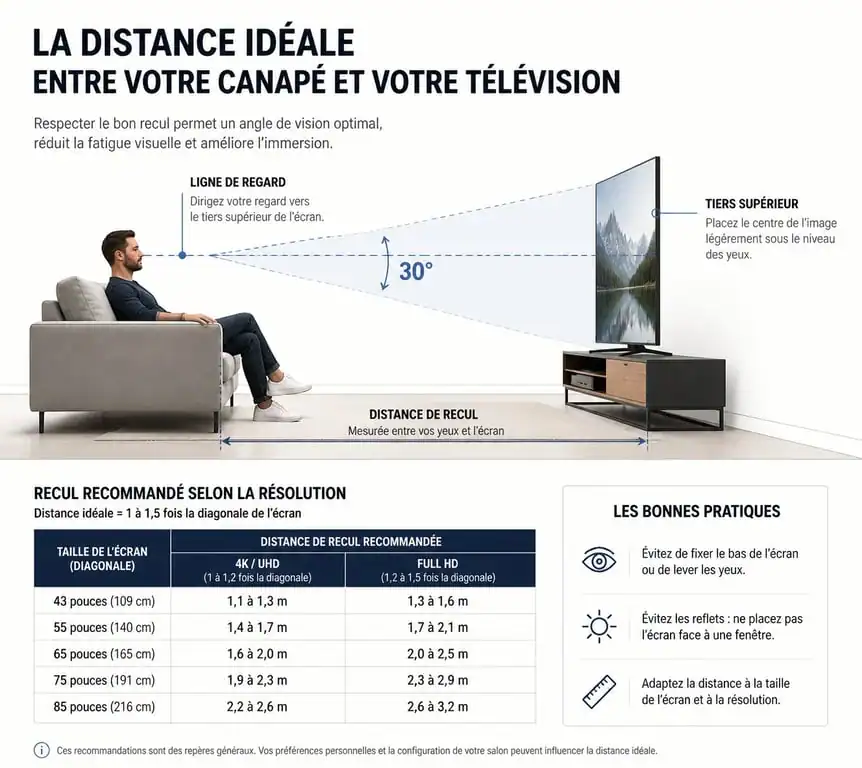 Schéma illustrant la distance idéale entre la TV et le canapé pour un confort visuel optimal